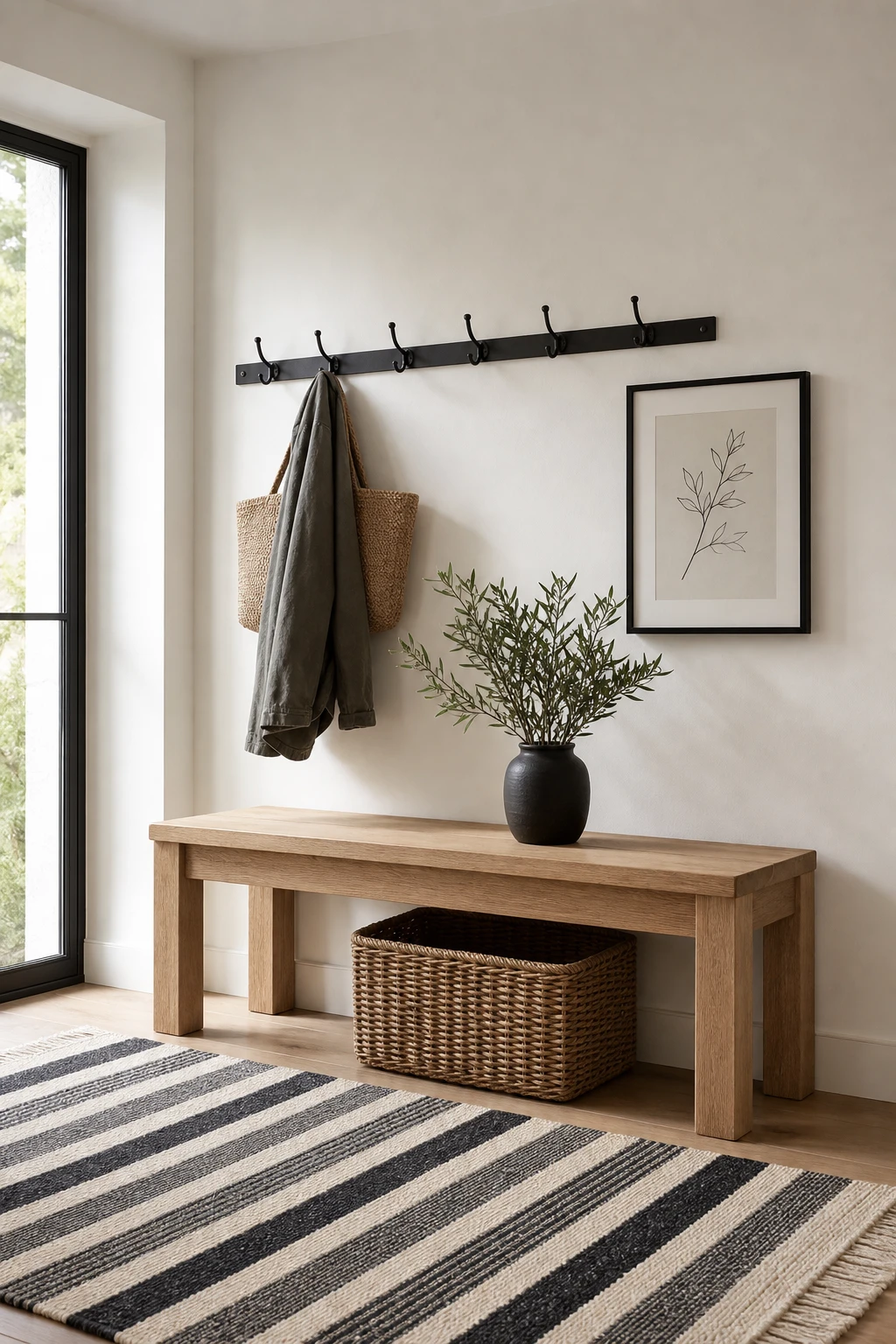 Black white gray natural wood entryway with a wood bench as hero, iron hooks, striped runner, woven basket, and warm white walls in soft natural light