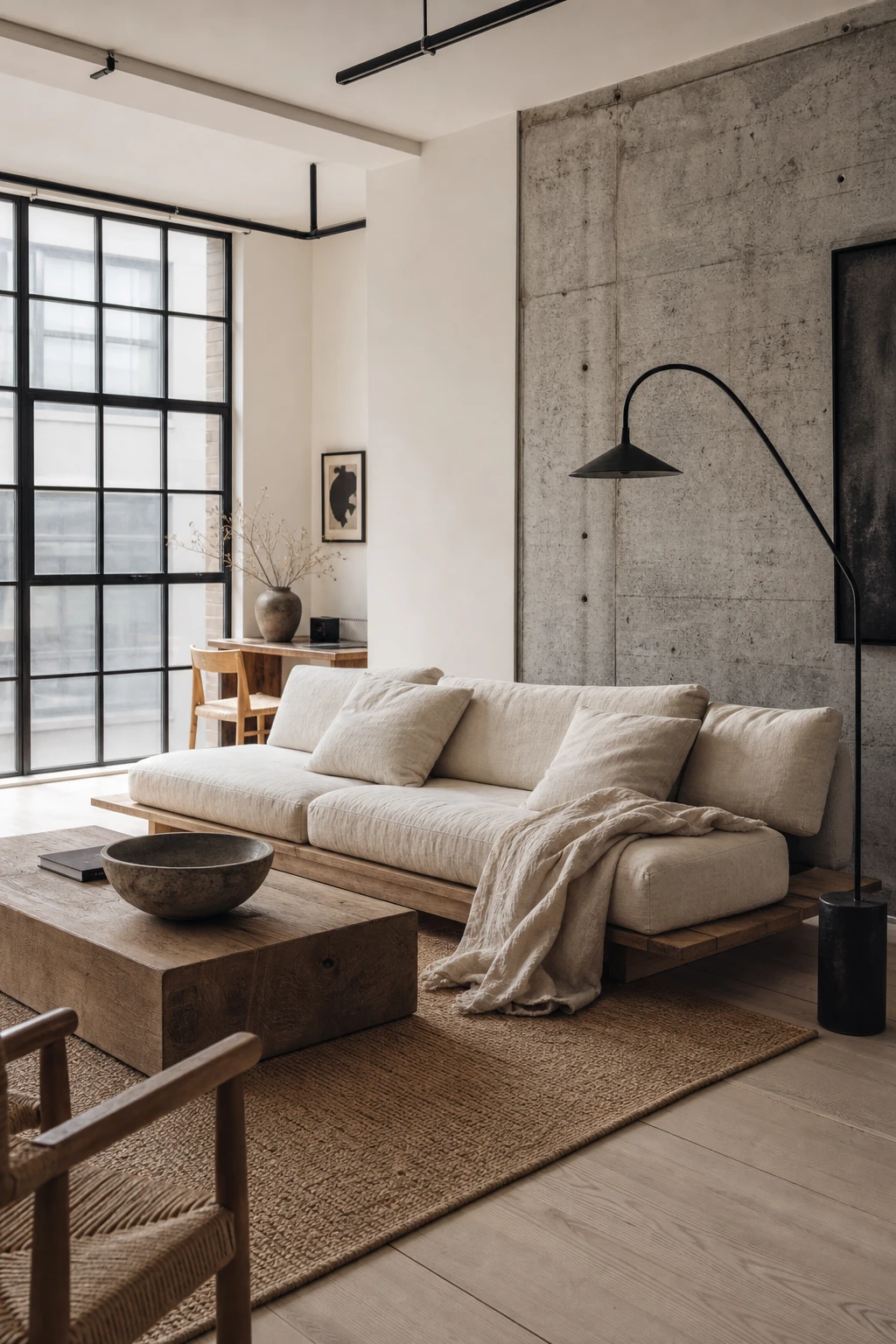 Black white gray natural wood interior blending industrial and Japandi elements with warm white walls, raw concrete, and warm timber accents in calm living space