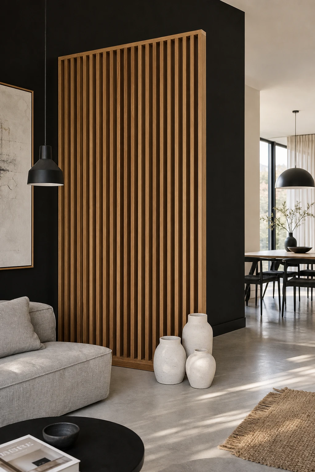 Black White Gray Natural Wood Interior Design featuring a slatted wood room divider against a black backdrop wall with warm natural light and minimal gray furnishings