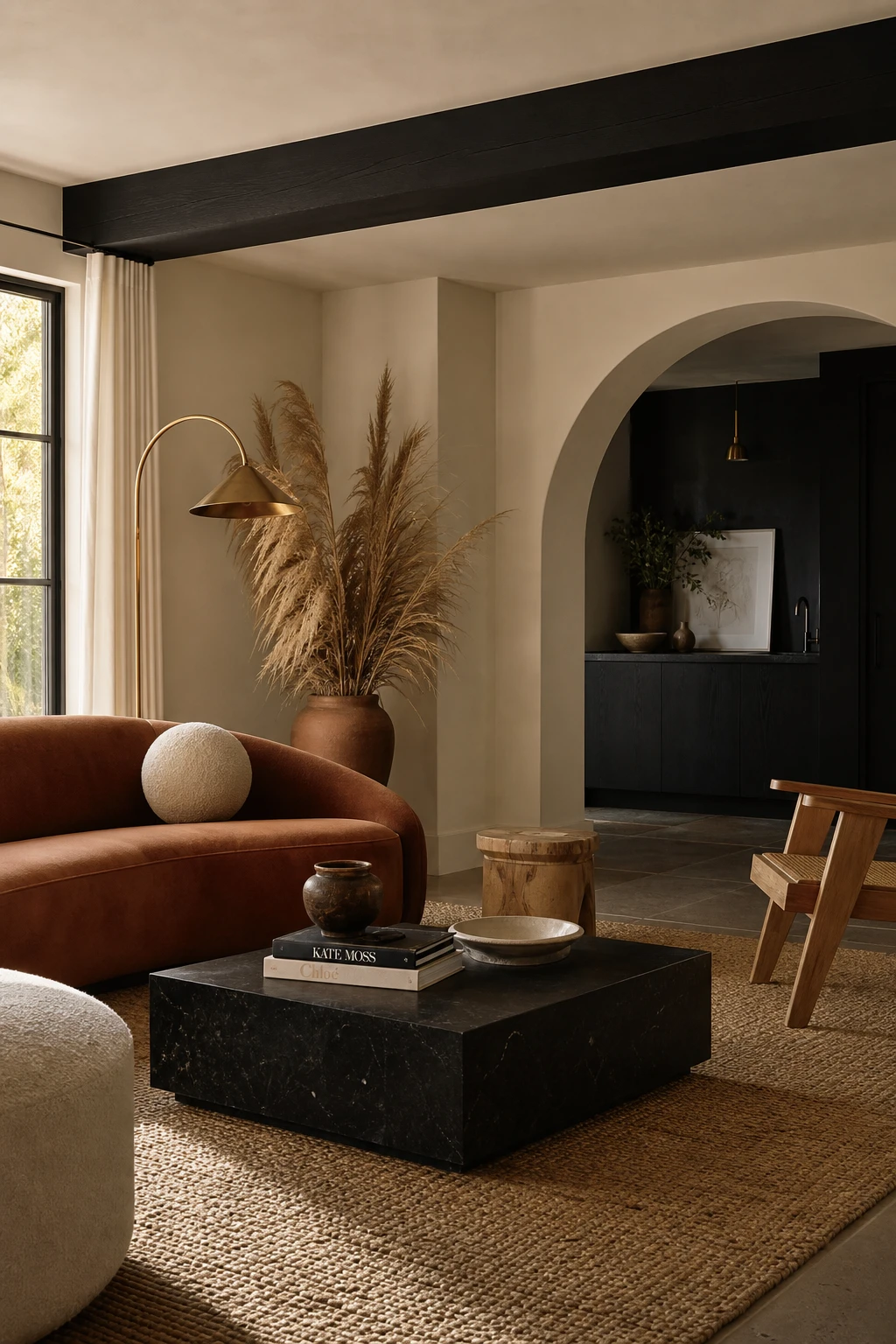 Black White Gray Natural Wood Interior Design living room with earth tones and black as the hero, warm walls, wood furniture, and natural textiles in afternoon light