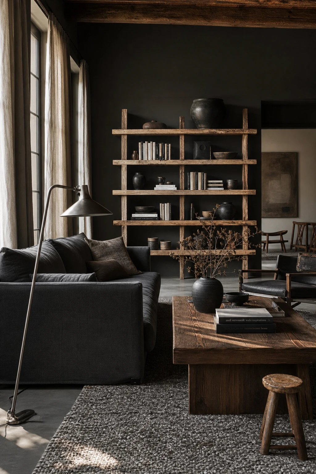 Black white gray natural wood interior living room with black brown gray mix as hero featuring cool white walls warm timber shelving and layered dark tones