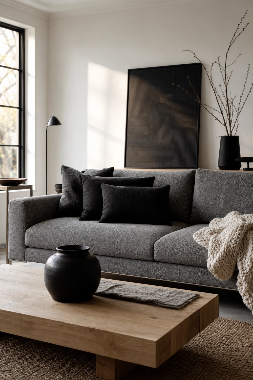 Black white gray natural wood interior with a gray sofa styled with black cushions, white throws, and a wood coffee table under cool white walls