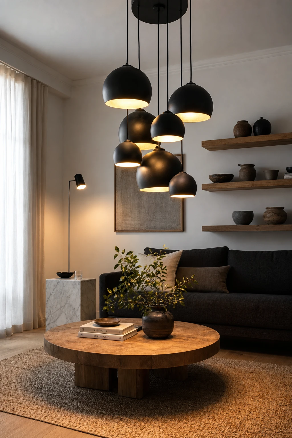 Black white gray natural wood interior with a sculptural statement pendant light as hero, warm evening light, Farrow and Ball Salt cool white walls