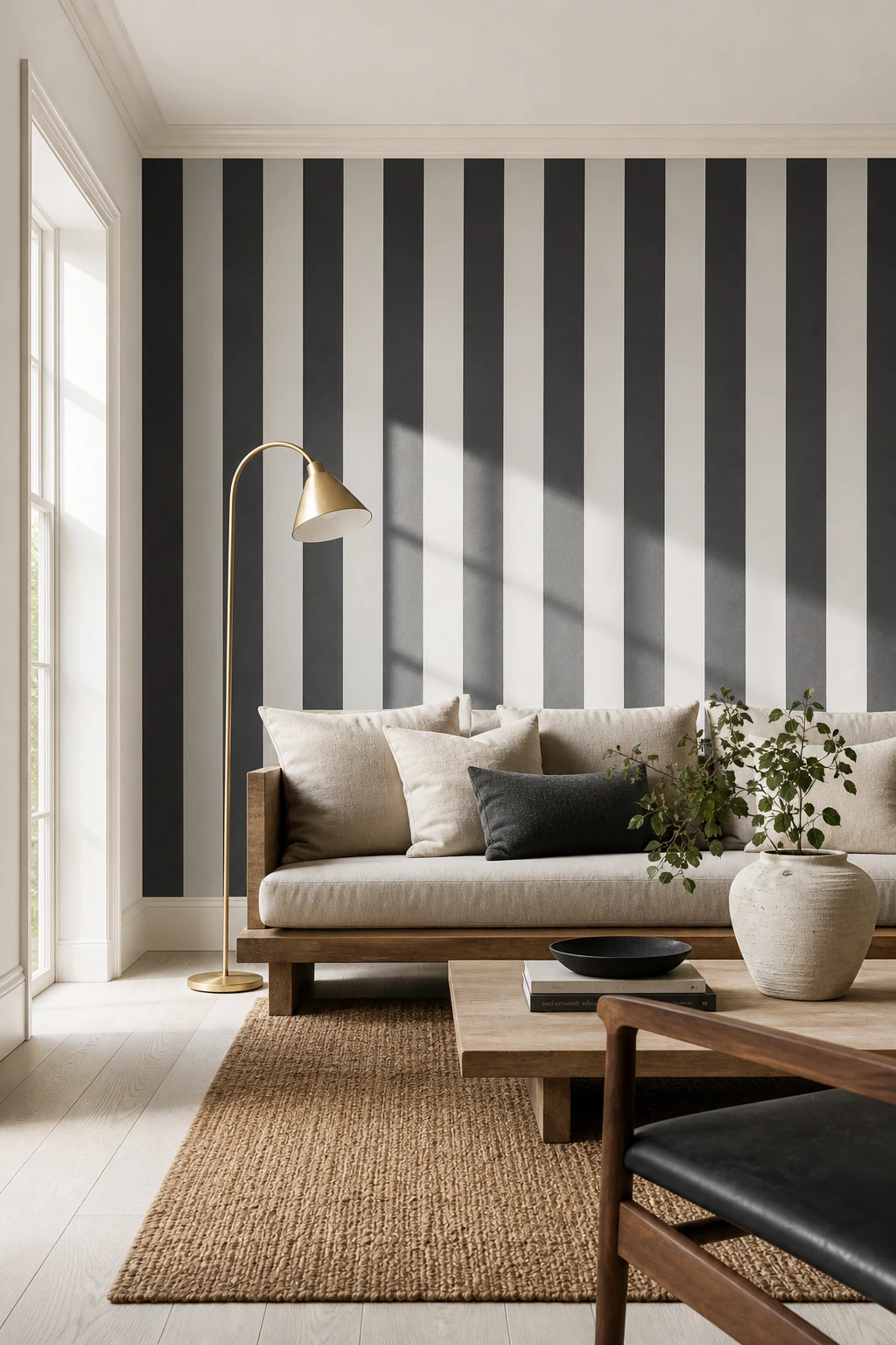 Black white gray natural wood interior with bold vertical striped wallpaper as hero, warm white trim, linen sofa, oak floor, and soft natural light