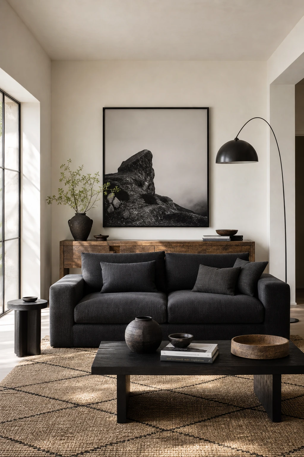 Black white gray natural wood interior with white walls and dark furniture as hero, high contrast living room with sculptural pieces in warm light