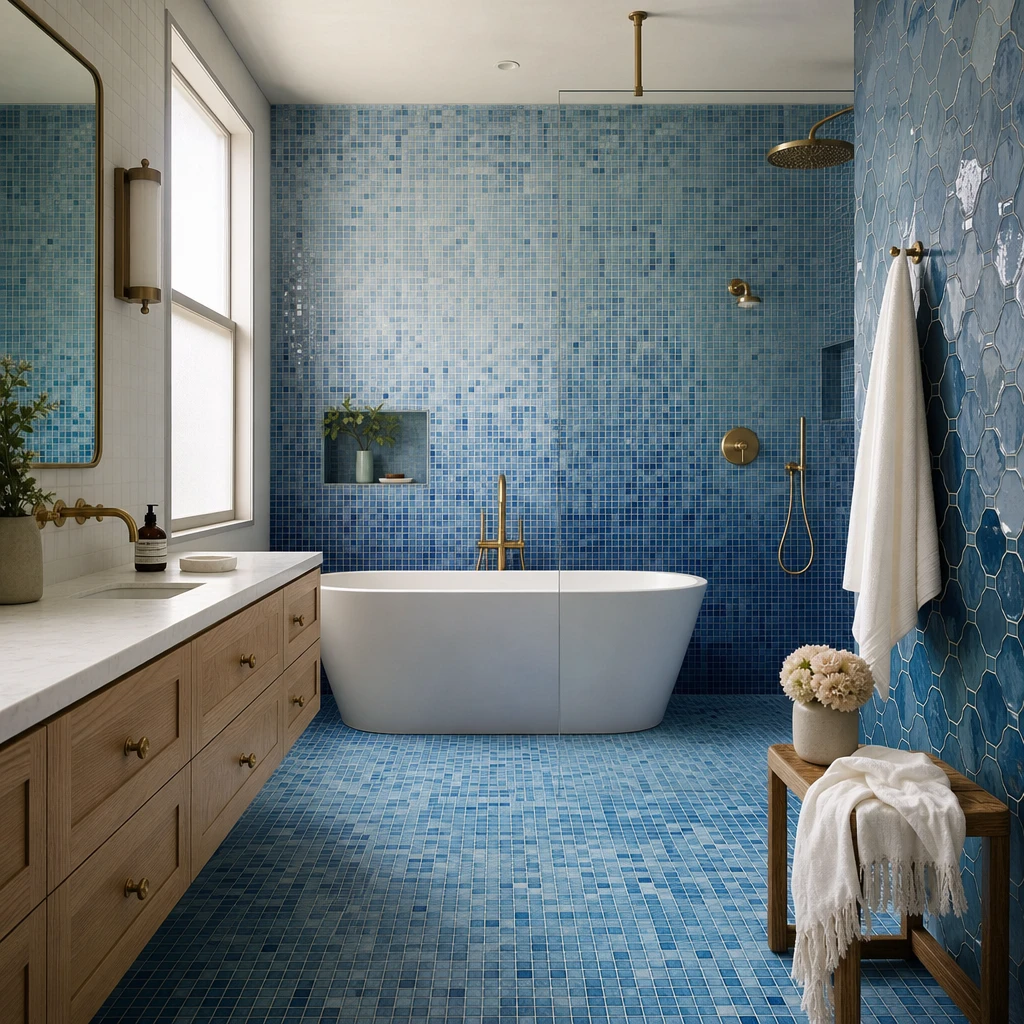 Full blue mosaic tile bathroom with floor to ceiling ocean blue and aqua mosaic tiles, a freestanding soaking tub, brass fixtures, and a zellige accent wall in soft morning light.