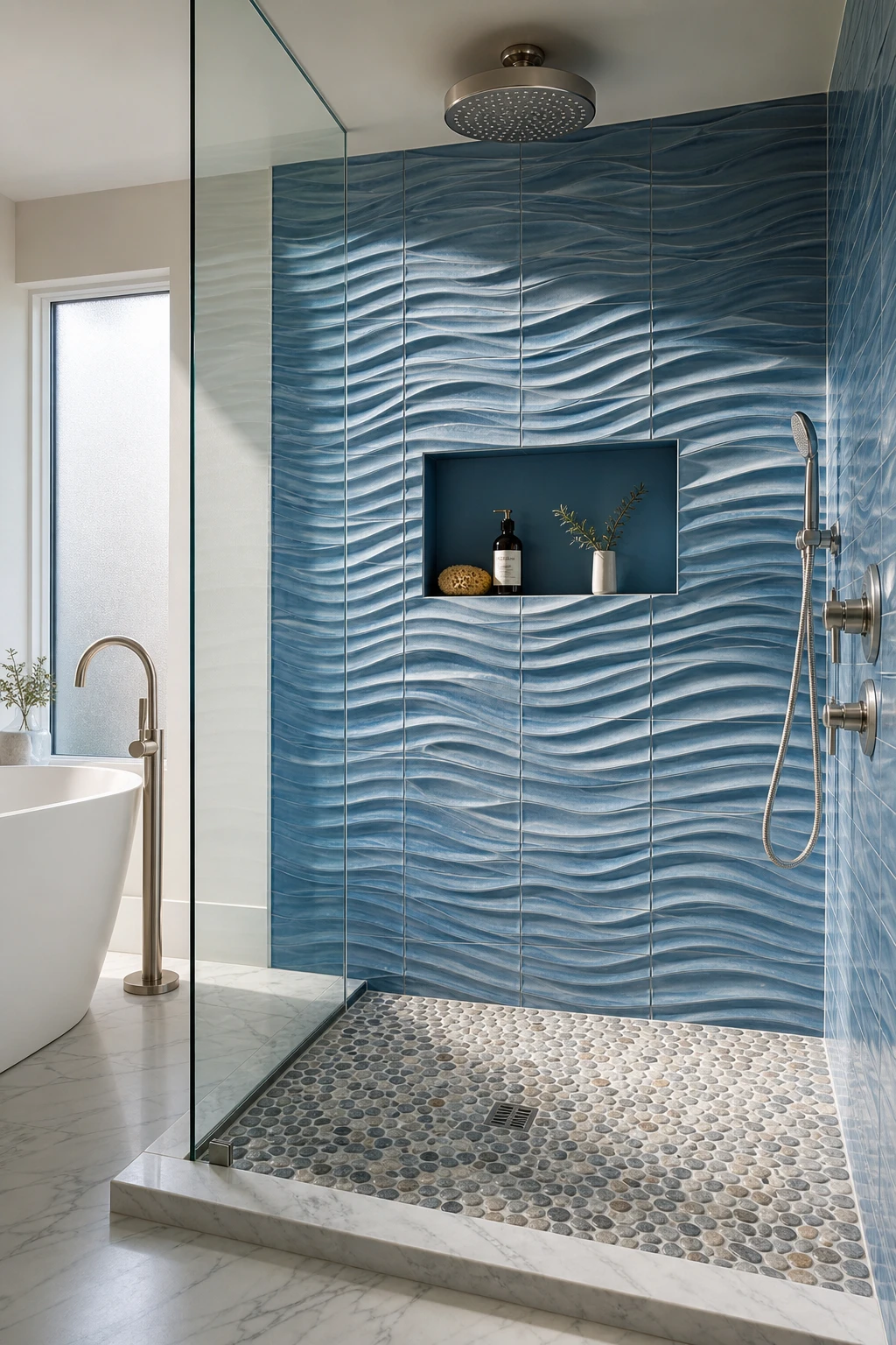 Blue mosaic tile bathroom shower wall covered in 3D wave surface tiles in Farrow and Ball Cooks Blue tones creating a rippling water effect