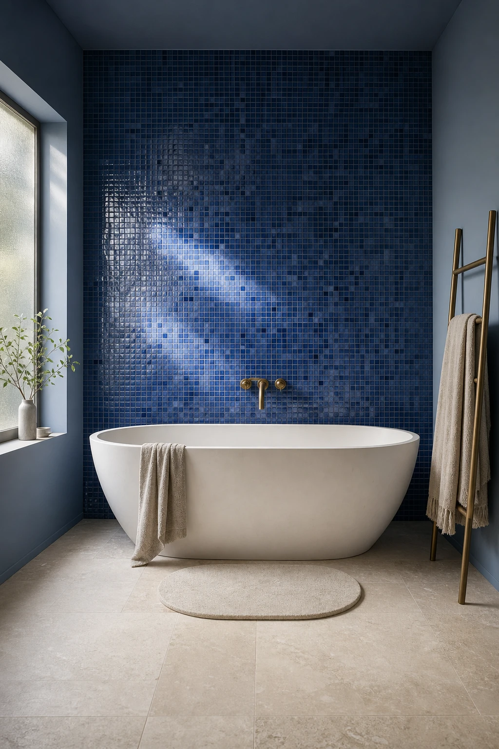 Blue mosaic tile bathroom with a single feature wall of small blue glass mosaic tiles behind a freestanding tub, morning light, white plaster walls painted Farrow and Ball De Nimes