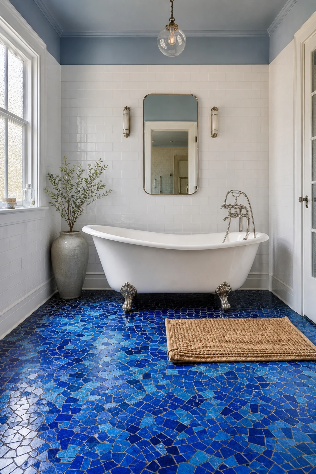 Blue mosaic tile bathroom with a vivid cobalt mosaic floor as the hero, white subway walls, freestanding tub, and soft morning light through a frosted window