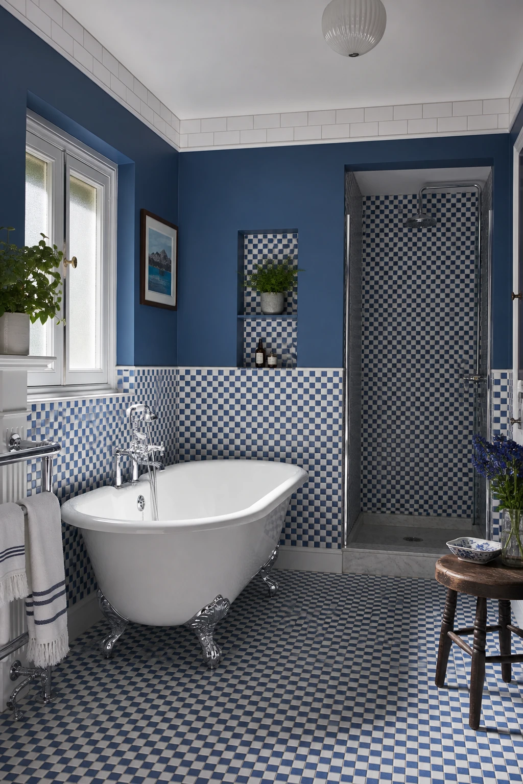 Blue mosaic tile bathroom with blue and white classic contrast featuring crisp white grout, wall niches, chrome fixtures, and Farrow and Ball Ballroom Blue painted upper walls