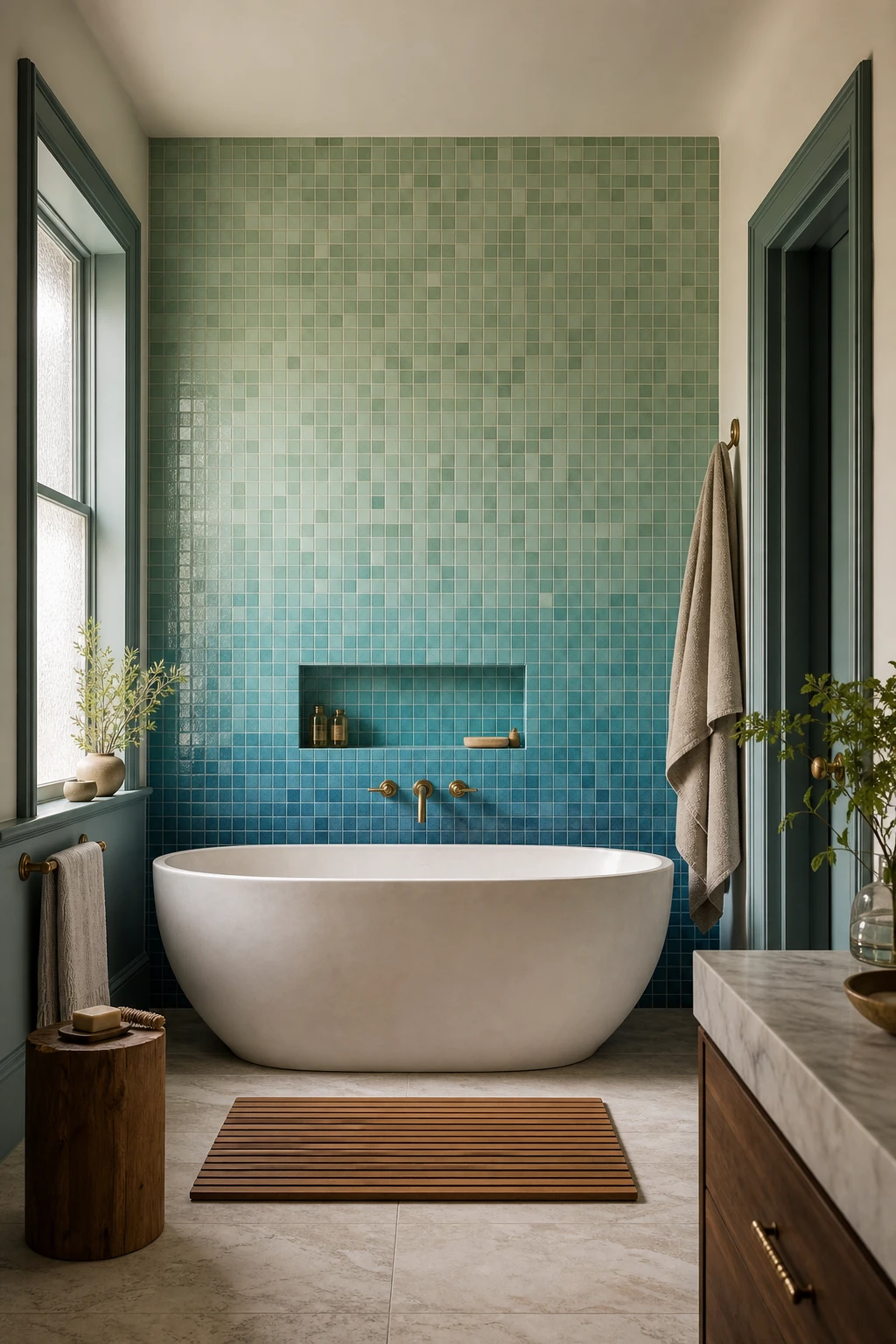 Blue mosaic tile bathroom with blue green gradient tiles flowing across walls and floor, Farrow and Ball Green Blue paint on trim, soft morning light