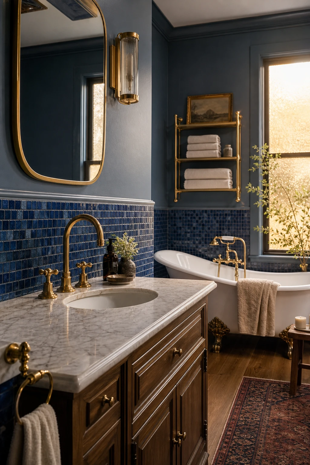 Blue mosaic tile bathroom with brass fixtures as hero, deep blue walls in Farrow and Ball Oval Room Blue, warm afternoon light, marble floor, luxury feel