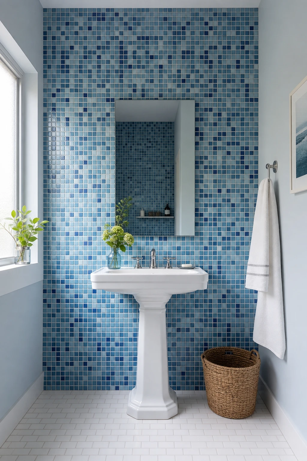 Blue mosaic tile bathroom with classic mosaic wall as hero, pedestal sink, chrome fixtures, subway floor tiles, and soft natural light in a clean blue and white palette