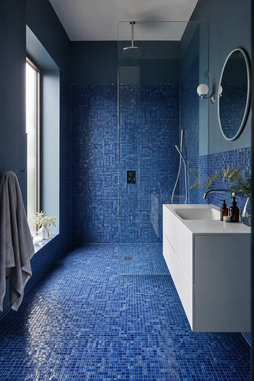 Blue mosaic tile bathroom with continuous tile flow across floor and shower, walls washed in Farrow & Ball Berrington Blue, morning light from frosted window