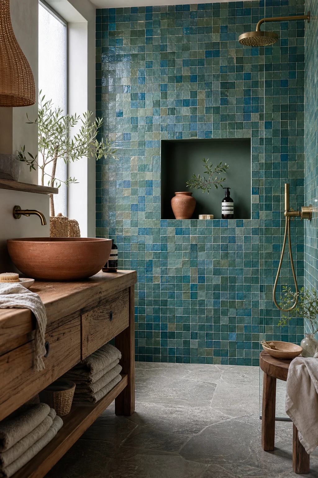 Blue mosaic tile bathroom with green blue earthy mix, terracotta accessories, woven textures, timber vanity, and Farrow & Ball Pond Green painted wall niche