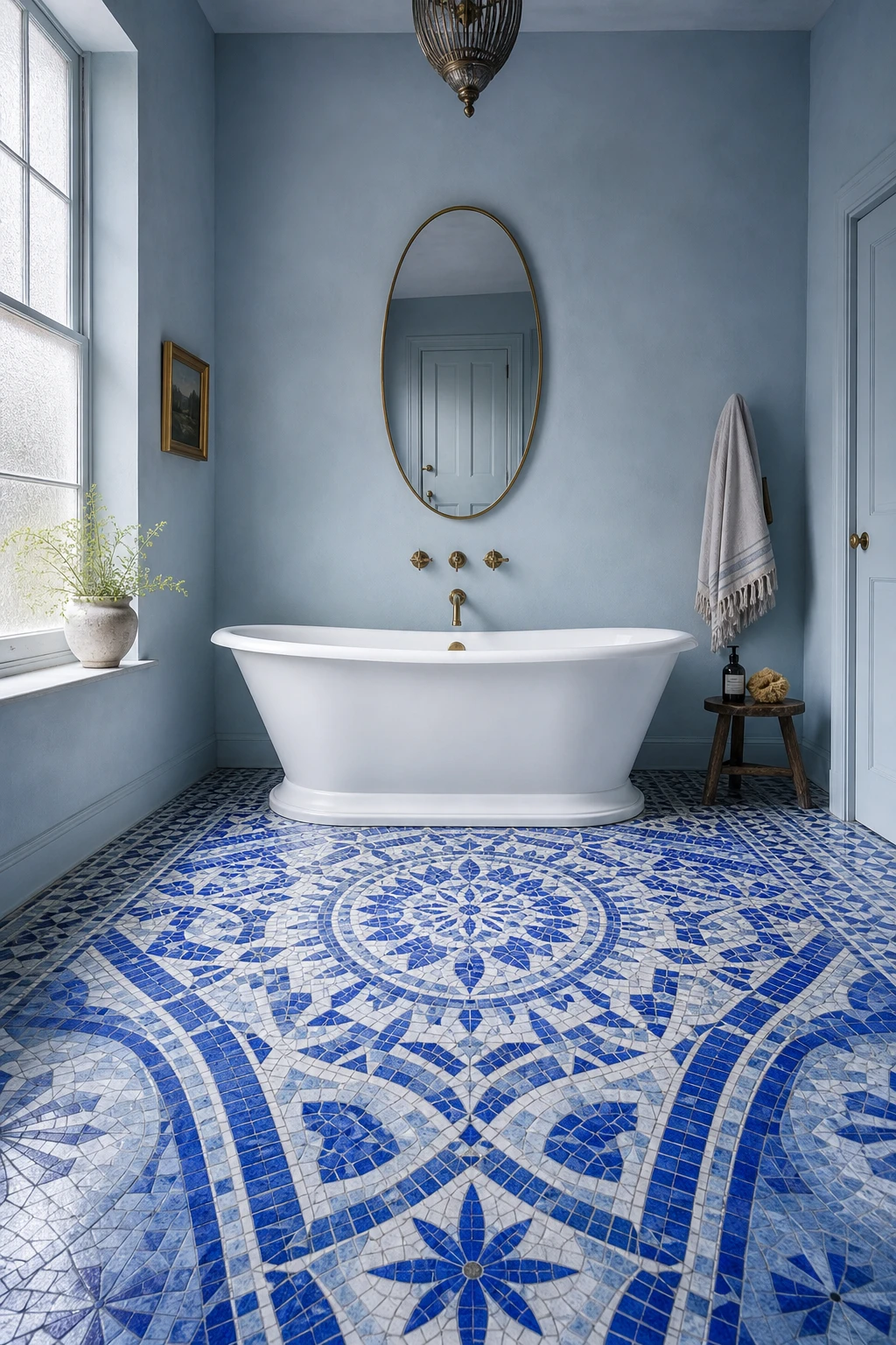 Blue mosaic tile bathroom with intricate floor pattern as hero, white freestanding tub, Farrow and Ball Yonder painted walls, brass fixtures, natural morning light