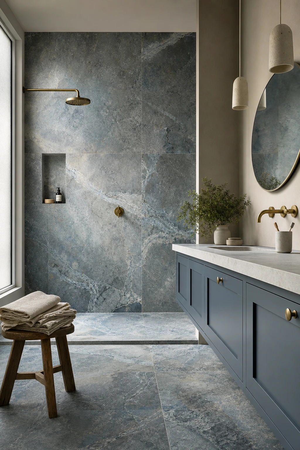Blue mosaic tile bathroom with natural stone blue tiles on walls and floor, warm brass fixtures, linen towels, and Farrow and Ball Ancona Blue painted vanity