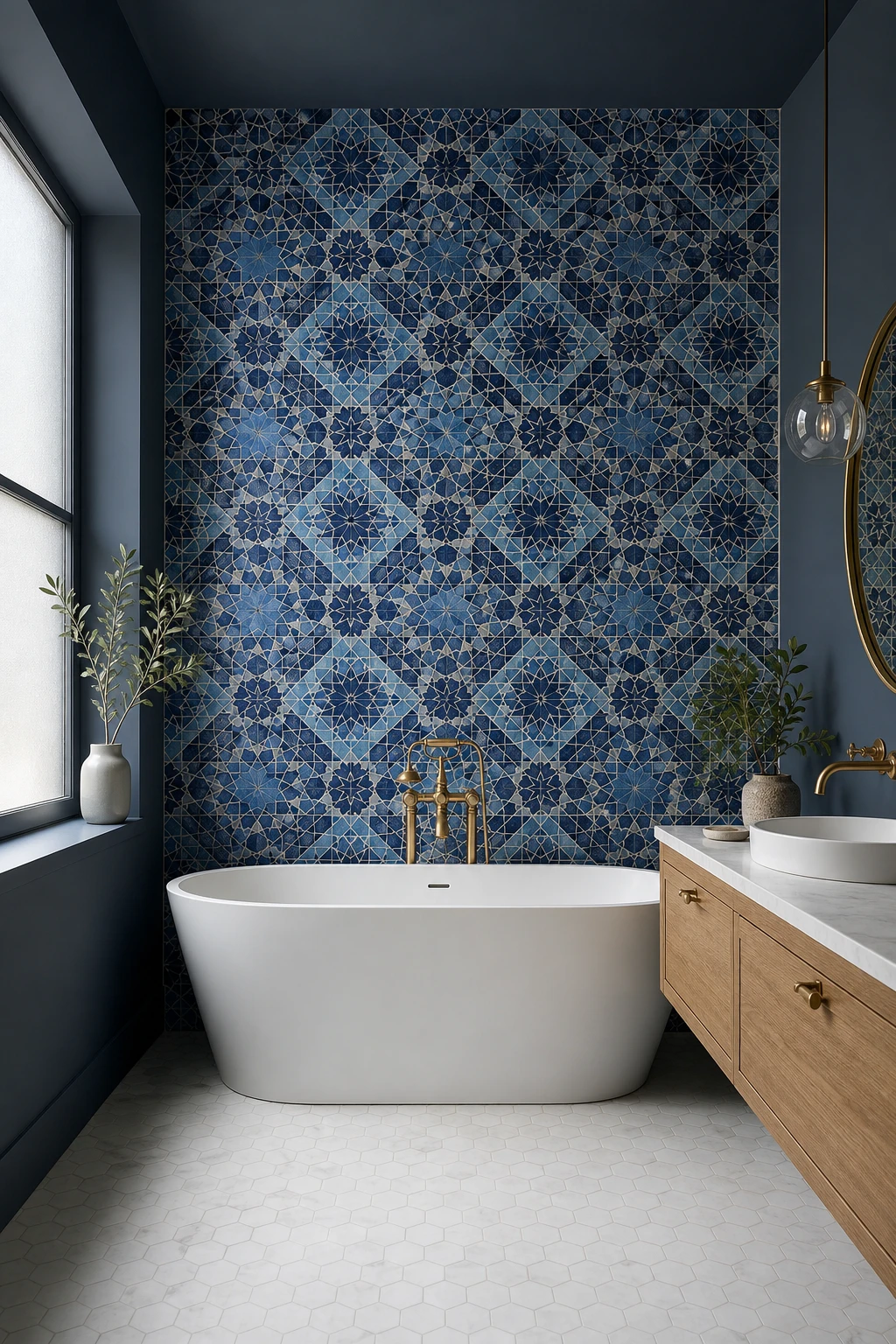 Blue mosaic tile bathroom with one bold patterned accent wall as the hero, white freestanding tub, brass fixtures, and Farrow & Ball Drawing Room Blue painted trim