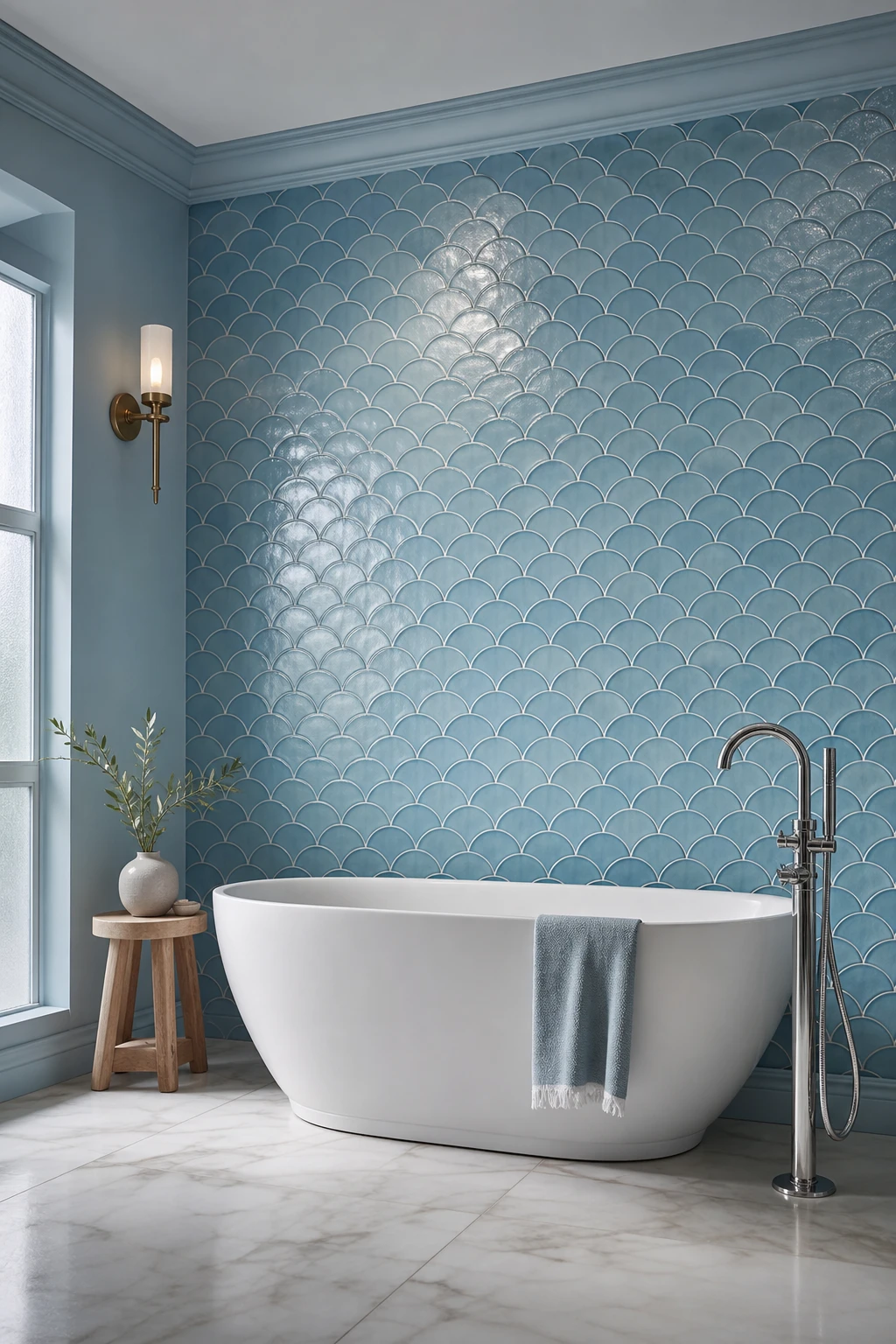 Blue mosaic tile bathroom with scallop shape tiles as hero feature on a curved accent wall, paired with a freestanding tub and soft natural light