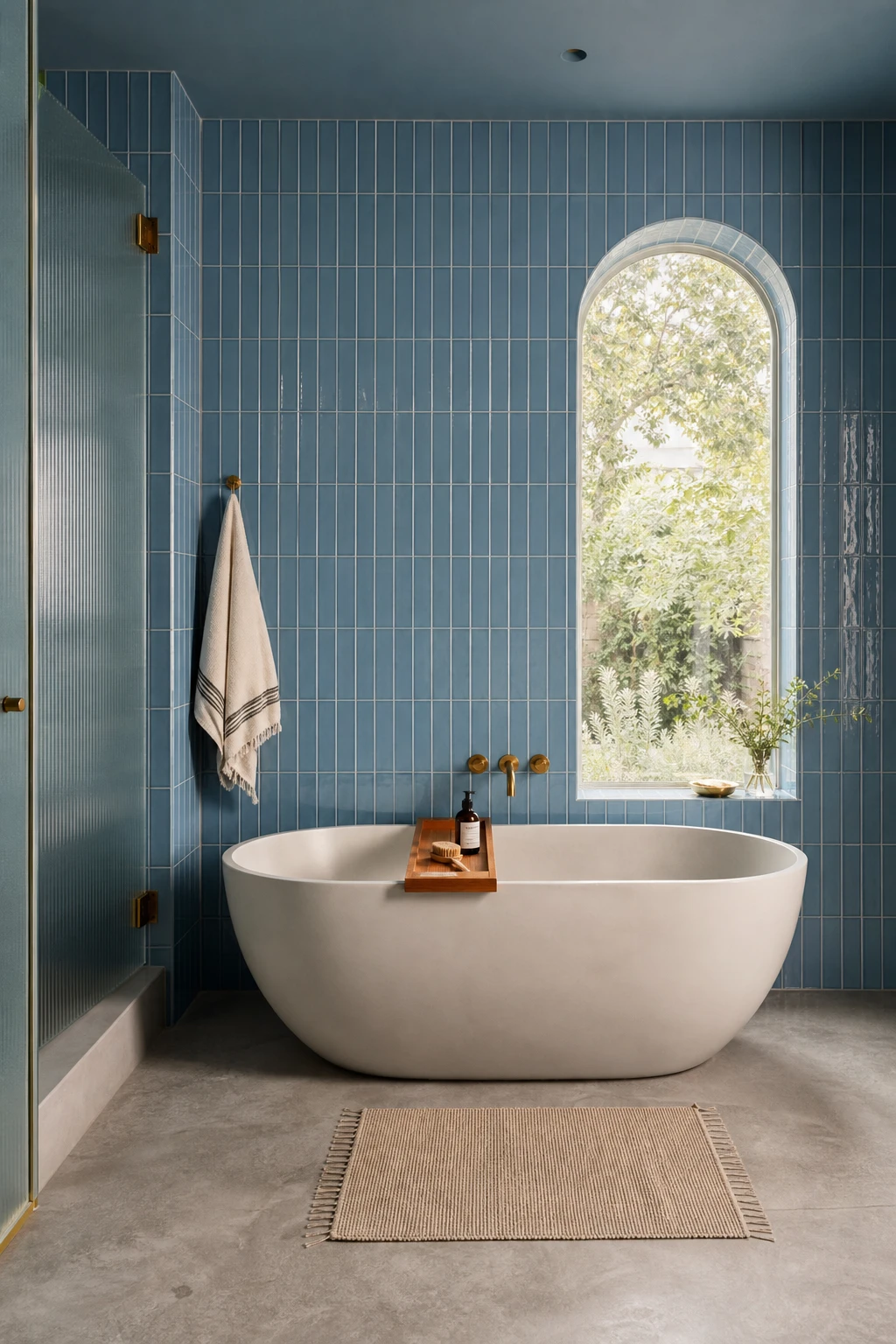 Blue mosaic tile bathroom with stack bond subway tiles on walls, freestanding tub, brass fixtures, and Farrow & Ball Lulworth Blue painted ceiling