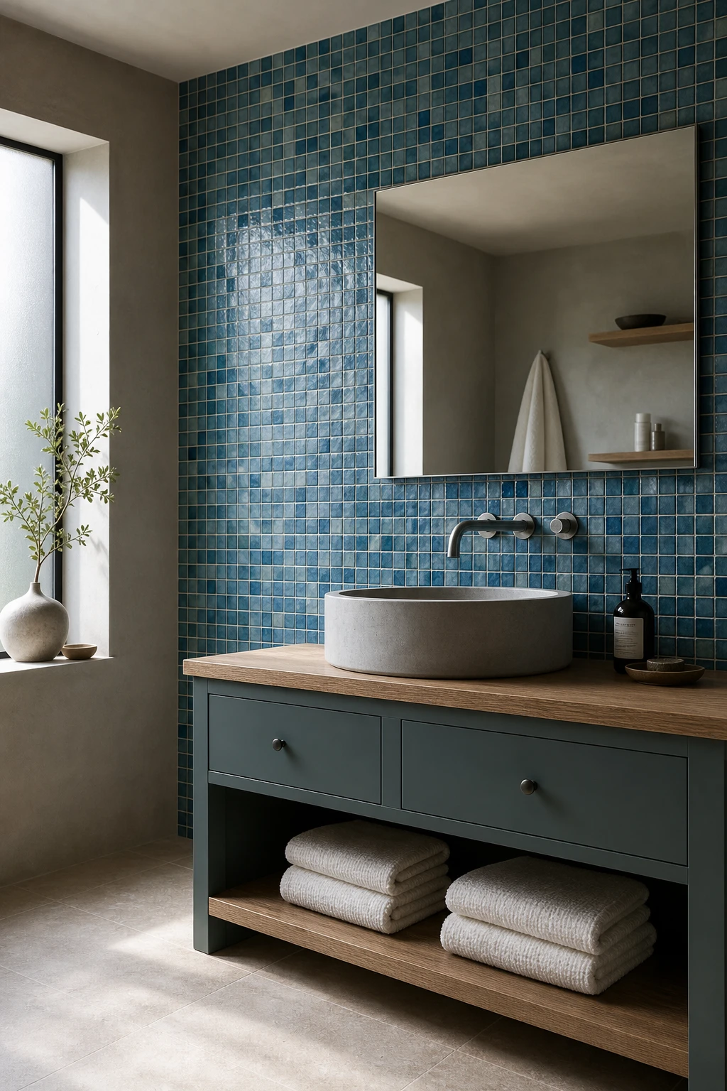 Blue mosaic tile bathroom with teal blue green mix tiles covering the walls, paired with Farrow and Ball Vardo painted vanity and natural light from a frosted window