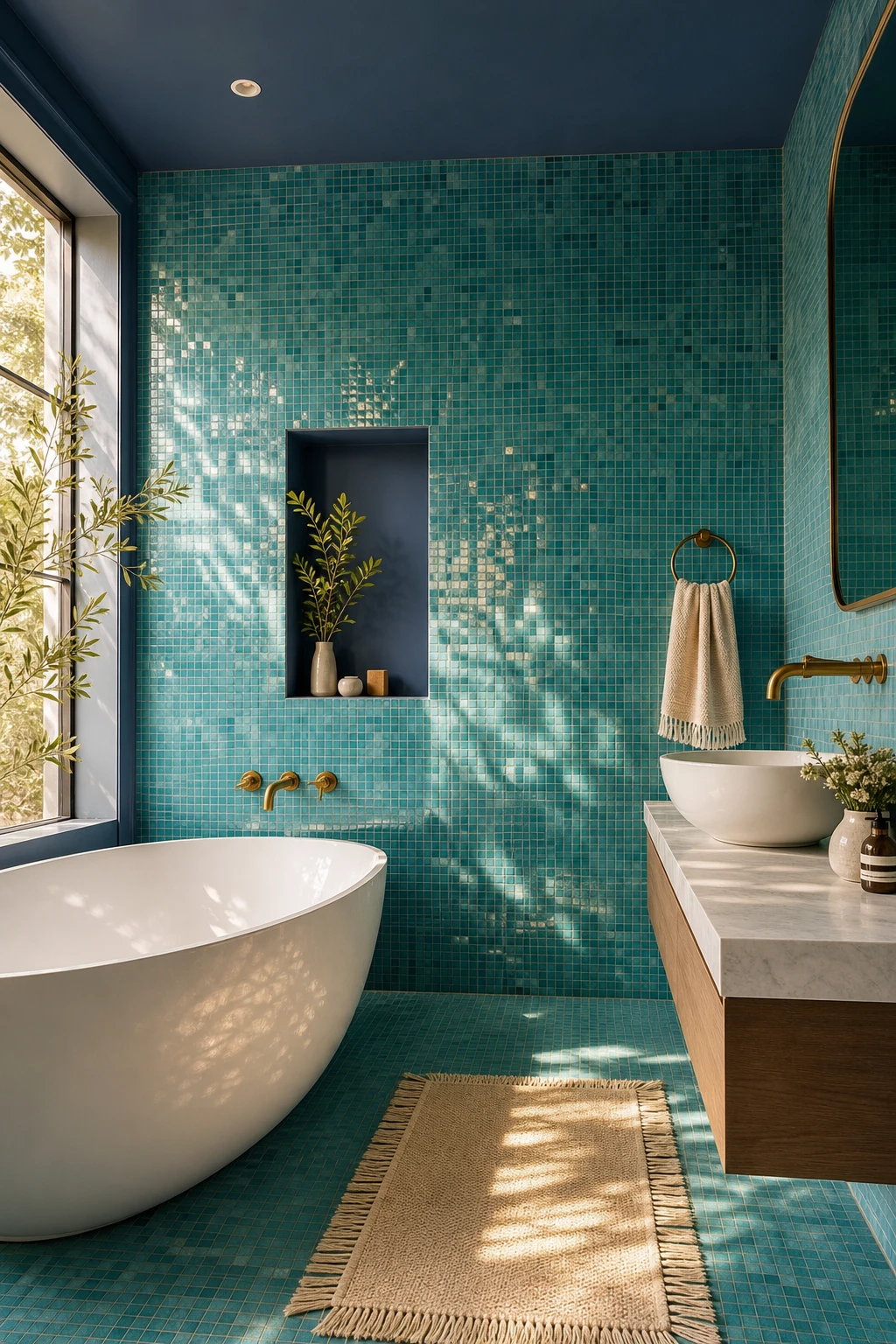 Blue mosaic tile bathroom with turquoise vibrancy as the hero, warm natural light, white grout, brushed brass fixtures, and Farrow & Ball Dix Blue painted walls