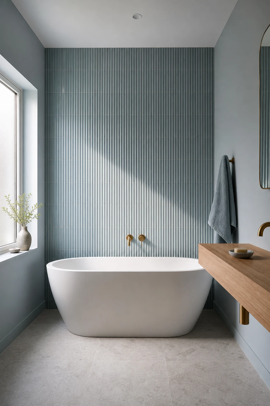 Blue mosaic tile bathroom with vertical kitkat finger tiles as the hero, soft blue walls in Farrow and Ball Pale Powder, natural morning light