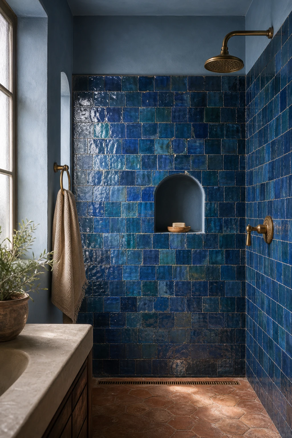 Blue mosaic tile bathroom with zellige tile shimmer as hero, handmade terracotta floor tiles, aged brass fixtures, arched mirror, and warm morning light on Stone Blue walls