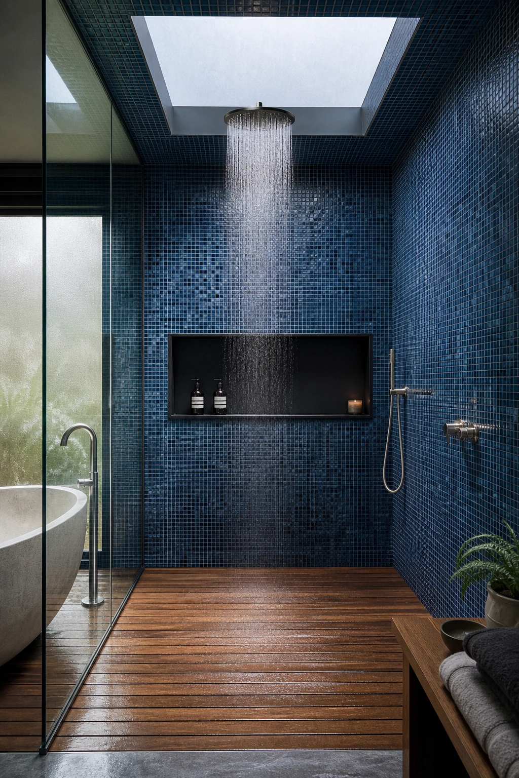 Blue mosaic tile wet room fully wrapped in deep blue tiles with a rainfall shower, teak deck, frameless glass, and Farrow and Ball Black Blue painted niche