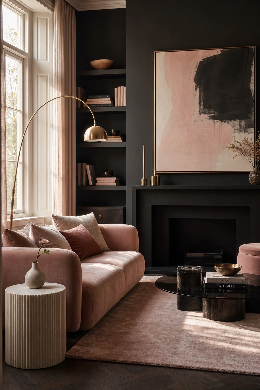 Blush and black living room with Farrow and Ball Grate Black accent wall, plush blush sofa, brass floor lamp, and soft natural light from tall windows