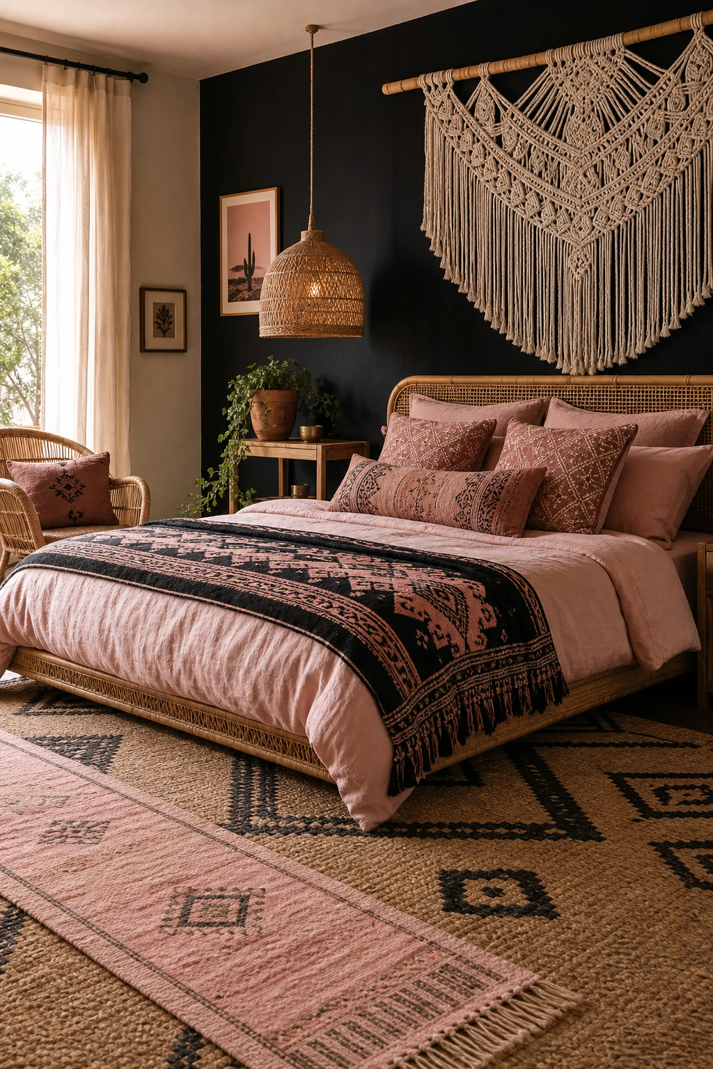 Boho bedroom with layered black and pink textiles, patterned rugs, macrame wall hanging, rattan furniture and Farrow Ball Paean Black accent wall