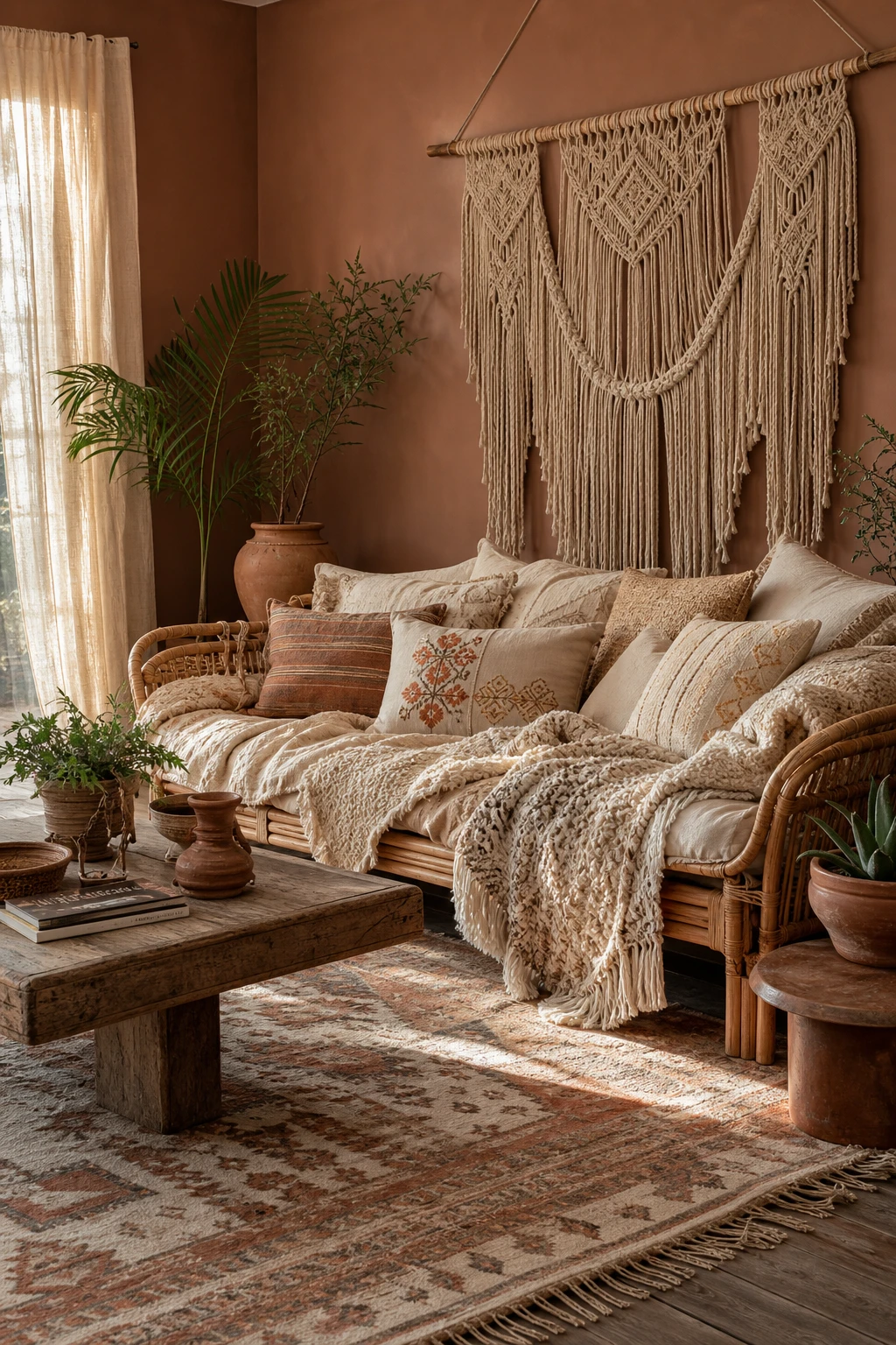 Boho brown and cream living room with layered textiles, rattan furniture, macrame wall hanging, kilim rug, and Farrow and Ball London Clay painted walls
