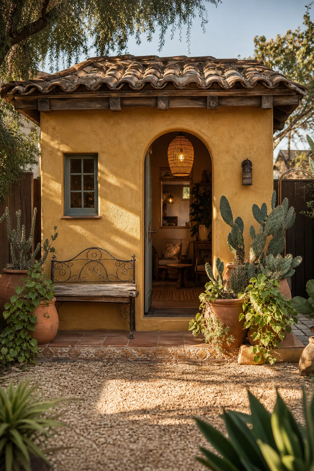 Boho bungalow backyard casita with earthy stucco walls, arched doorway, woven pendant lantern, terracotta planters and lush greenery in warm afternoon light