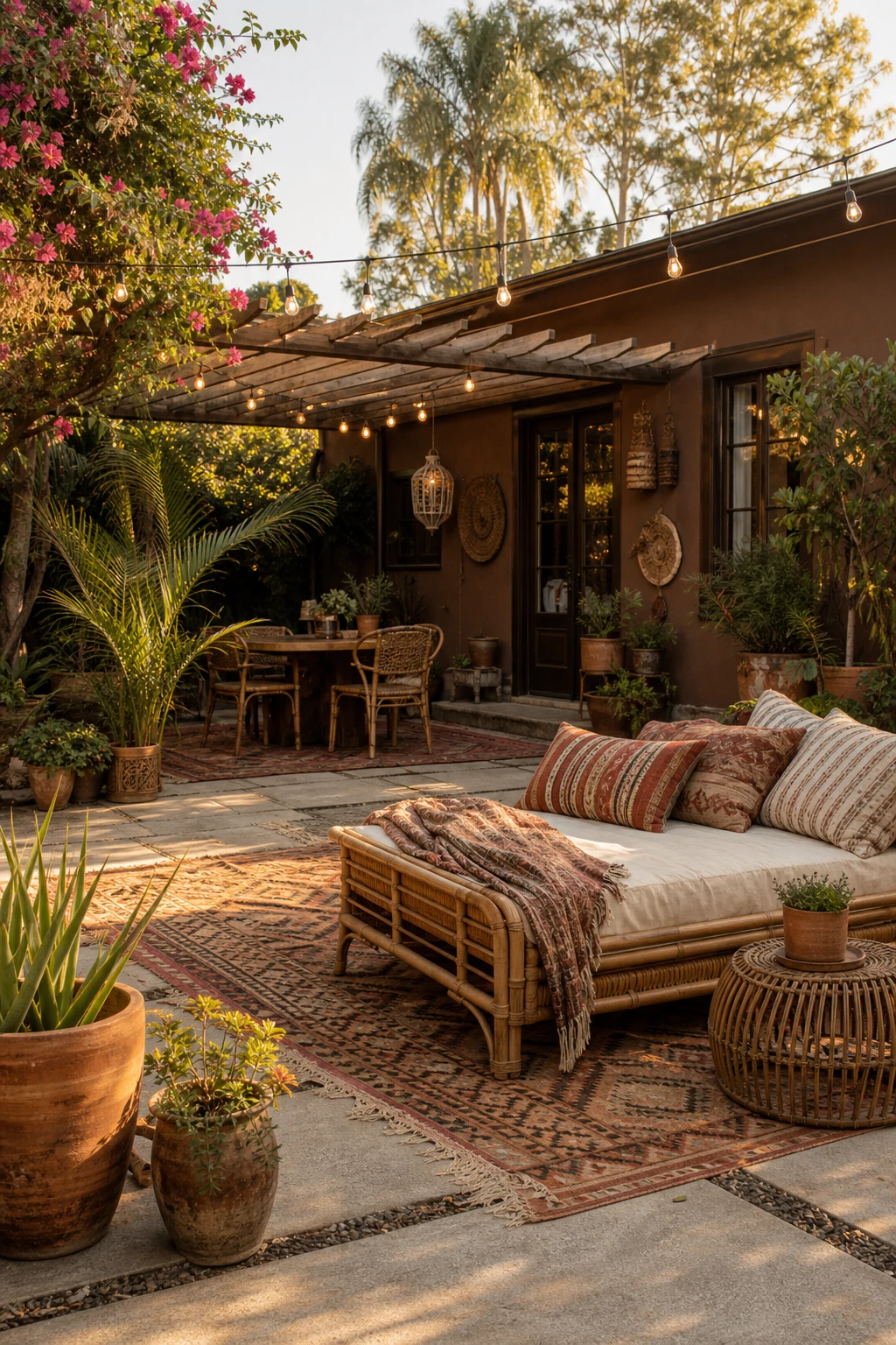 Boho bungalow backyard terrace with rattan seating, string lights, potted palms, and Farrow & Ball Wainscot painted rear exterior wall at golden hour