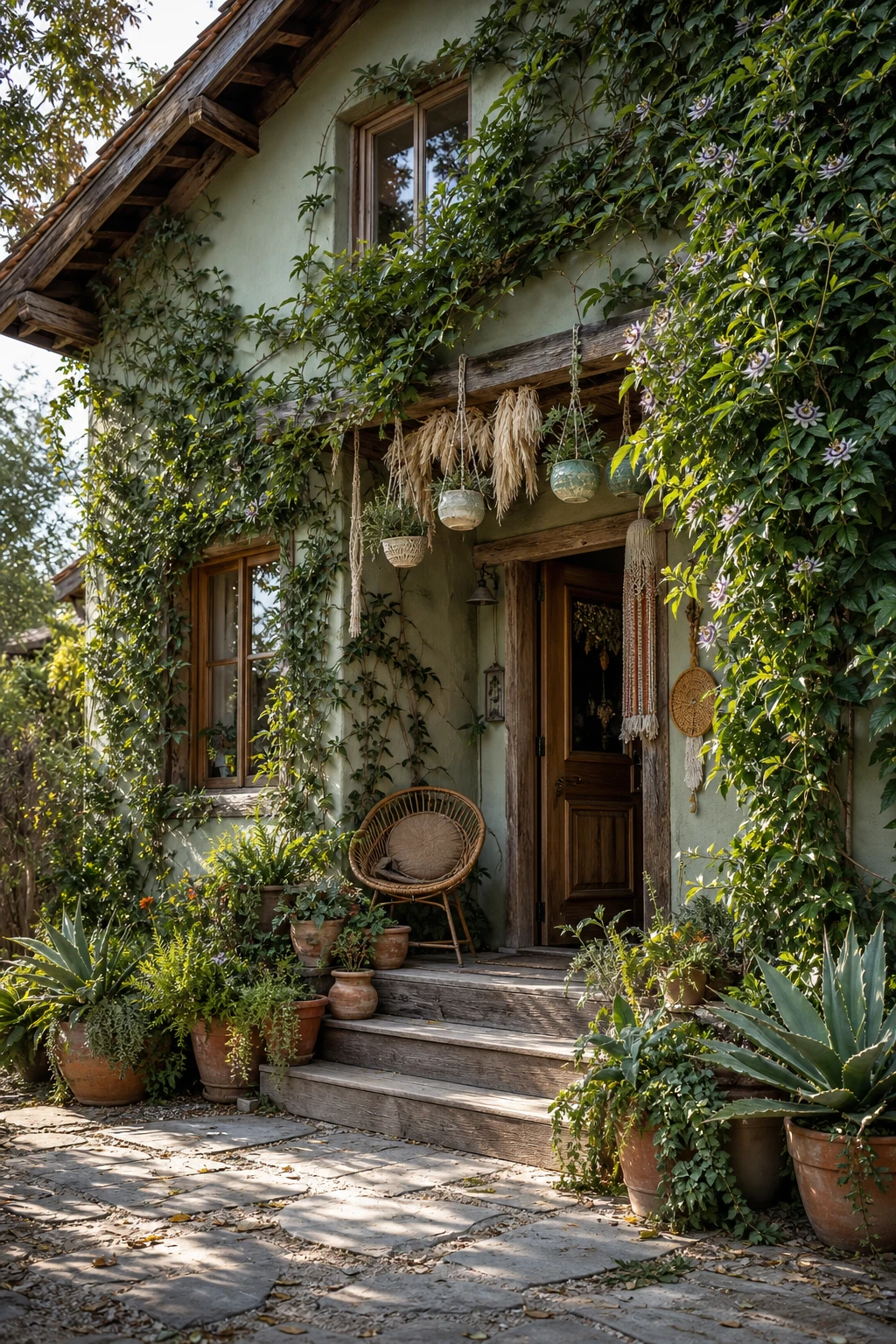 Boho bungalow exterior covered in climbing plants and trailing greenery framing windows and walls painted Farrow and Ball Vichyssoise green
