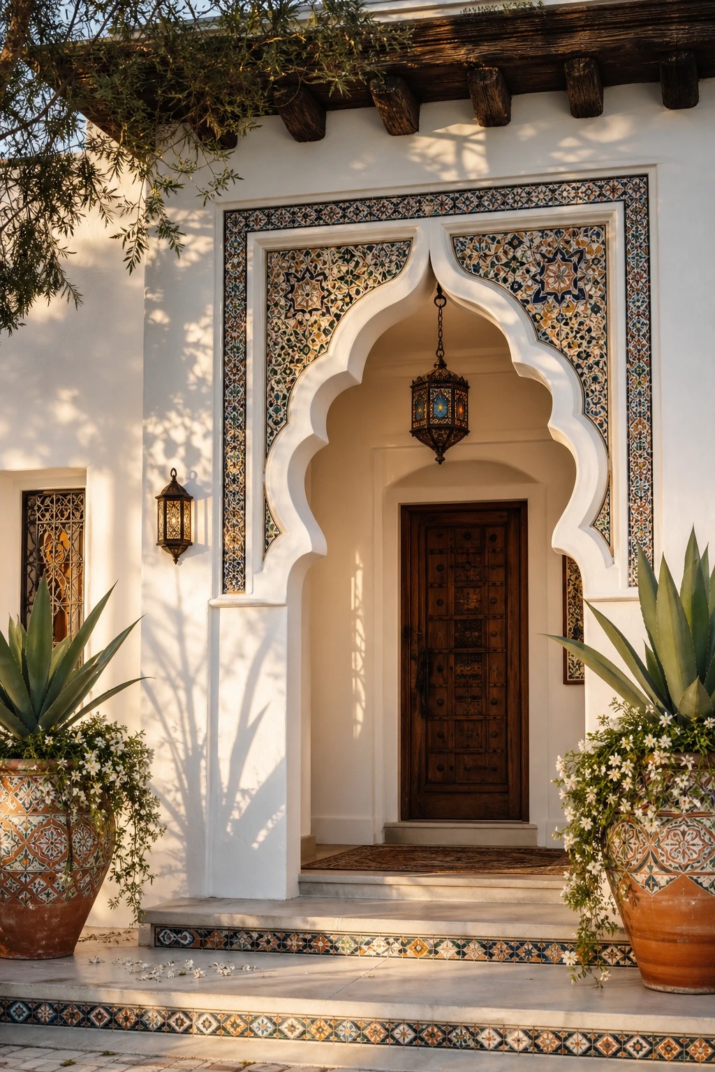 Boho bungalow exterior entrance featuring a Moroccan arch detail painted All White, with decorative tilework, lantern lighting, and lush potted greenery in warm afternoon light.
