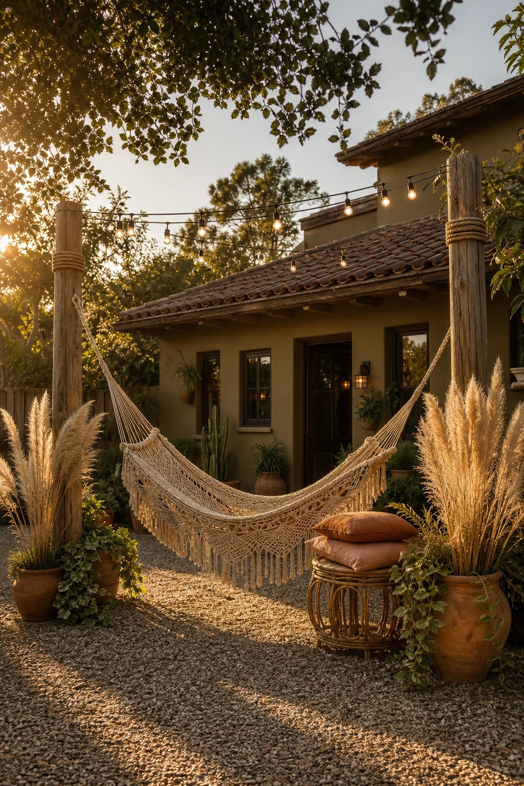 Boho bungalow exterior garden with a woven rope hammock as the focal point strung between two timber posts, painted in Farrow and Ball Cardamom