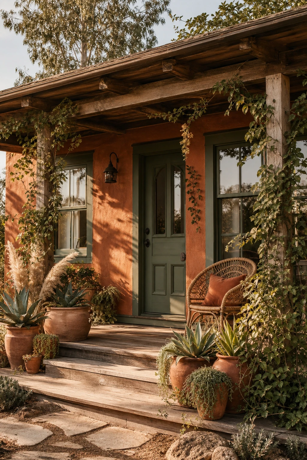 Boho bungalow exterior painted in terracotta and sage green with clay render walls, timber porch posts, trailing vines and terracotta pot grouping in warm afternoon sun
