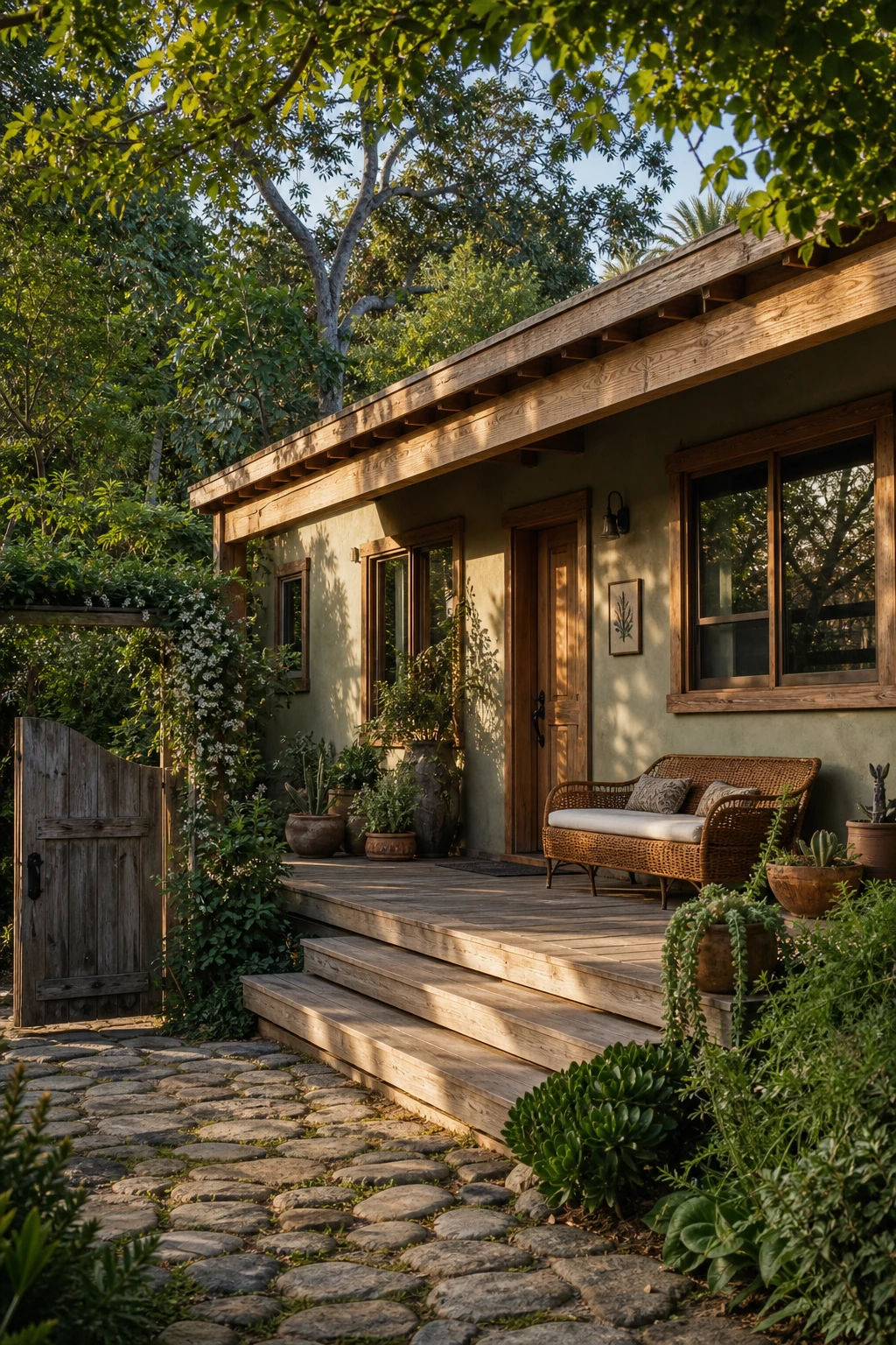 Boho bungalow exterior painted sage green with raw wood trim, rattan porch accents, terracotta pots, and lush climbing plants in warm afternoon light