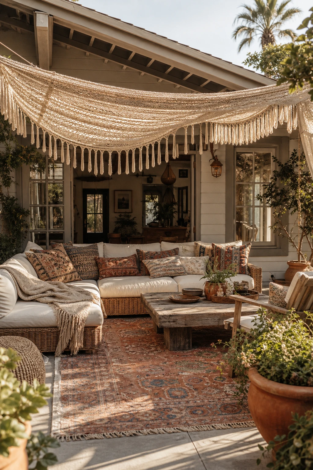 Boho bungalow exterior patio styled as an outdoor living room with layered rugs, rattan furniture, macrame, and Farrow and Ball Duster painted trim at golden hour
