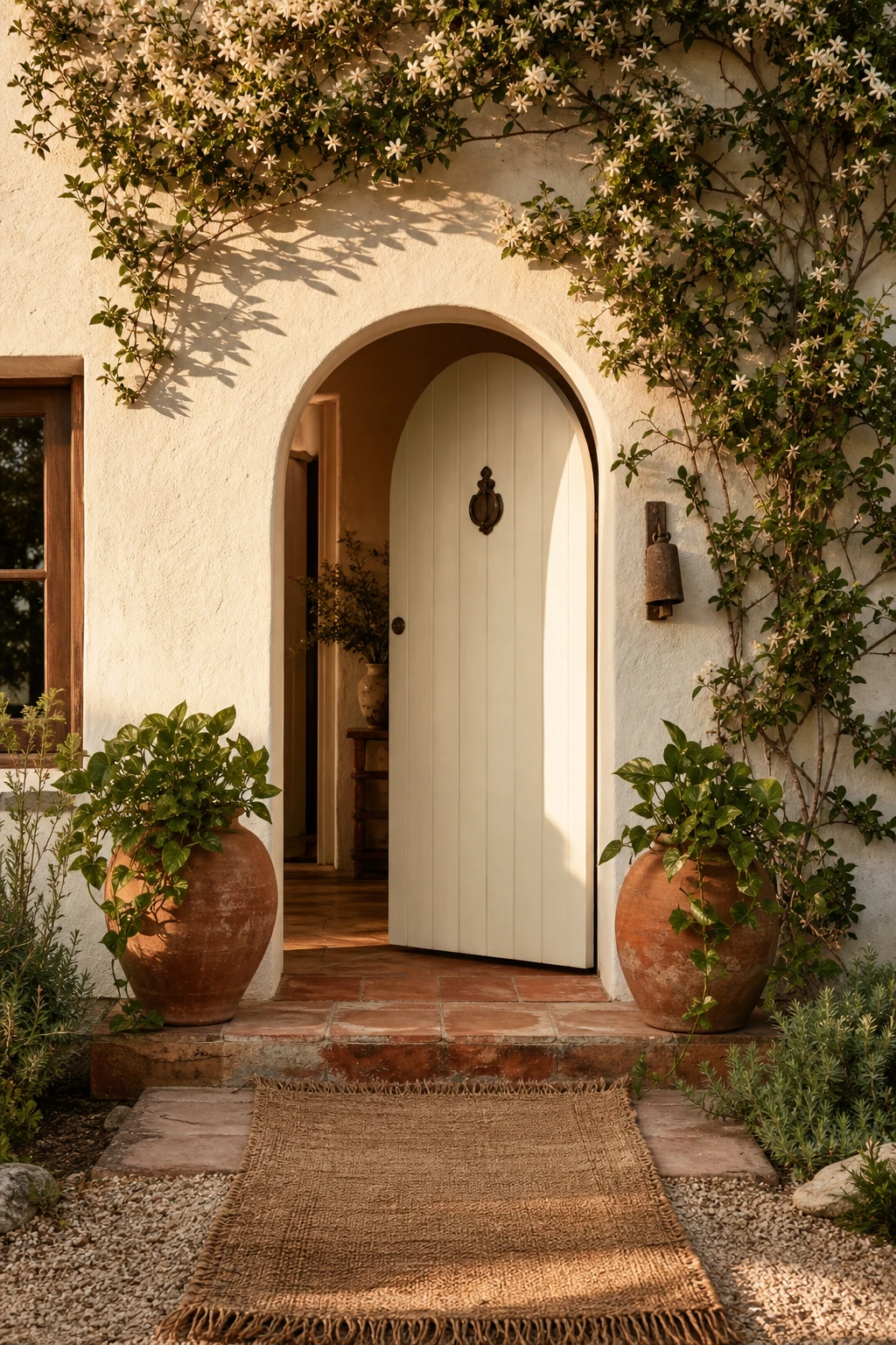 Boho bungalow exterior with a rounded arched doorway painted in warm cream, framed by trailing vines, terracotta pots and handwoven textiles in afternoon light