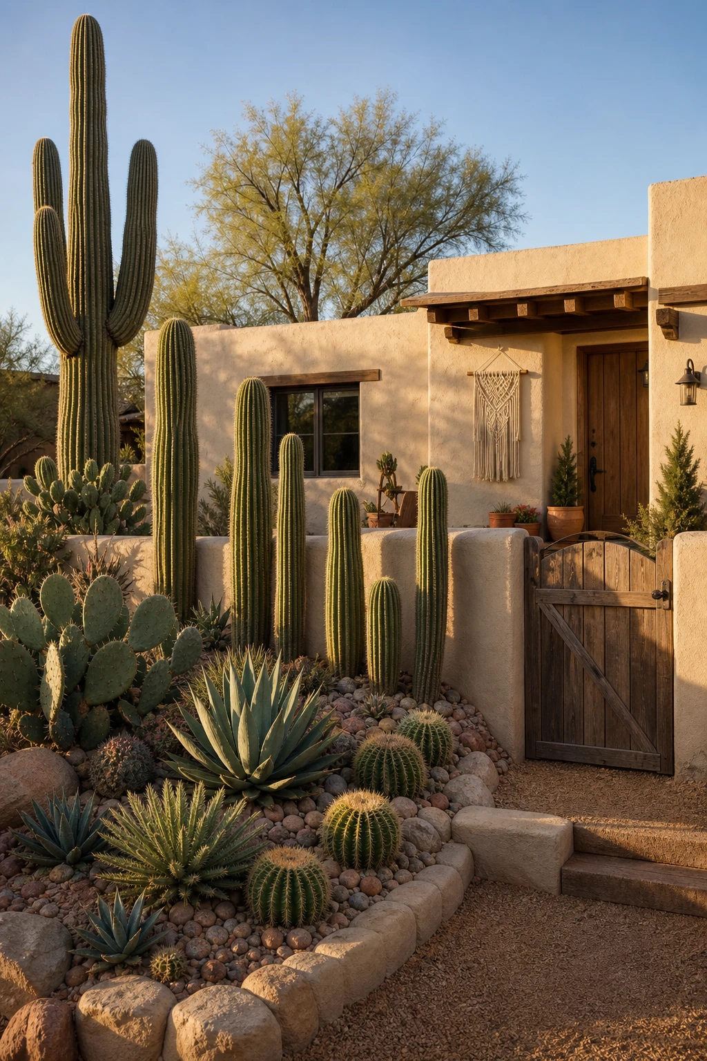 Boho bungalow exterior with a sculptural front cactus garden in warm afternoon light, stucco facade painted Farrow & Ball Buff