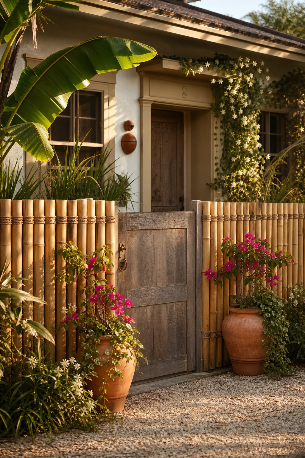 Boho bungalow exterior with a tall bamboo fence as the hero feature, painted trim in warm yellow, lush plantings, and a weathered wooden gate under soft afternoon light.