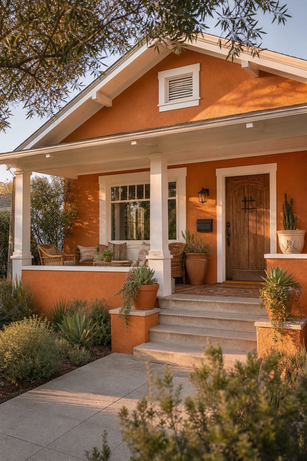 Boho bungalow exterior with bold orange walls and crisp white trim glowing in warm afternoon sunlight, surrounded by lush greenery and handcrafted details