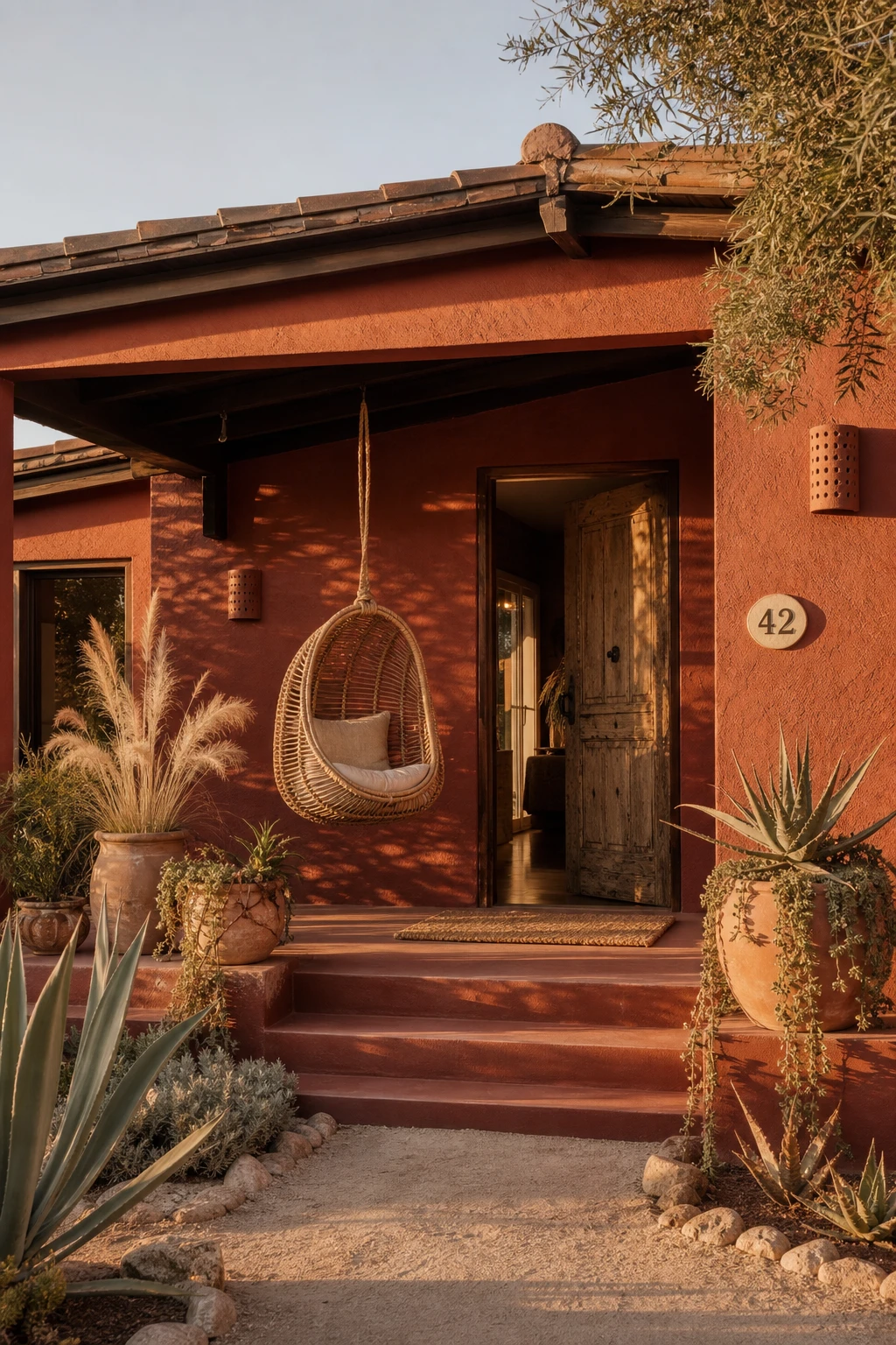 Boho bungalow exterior with earthy palette hero, warm terracotta facade in Farrow and Ball Red Earth paint, rattan accents, planted porch and natural timber details in afternoon sun