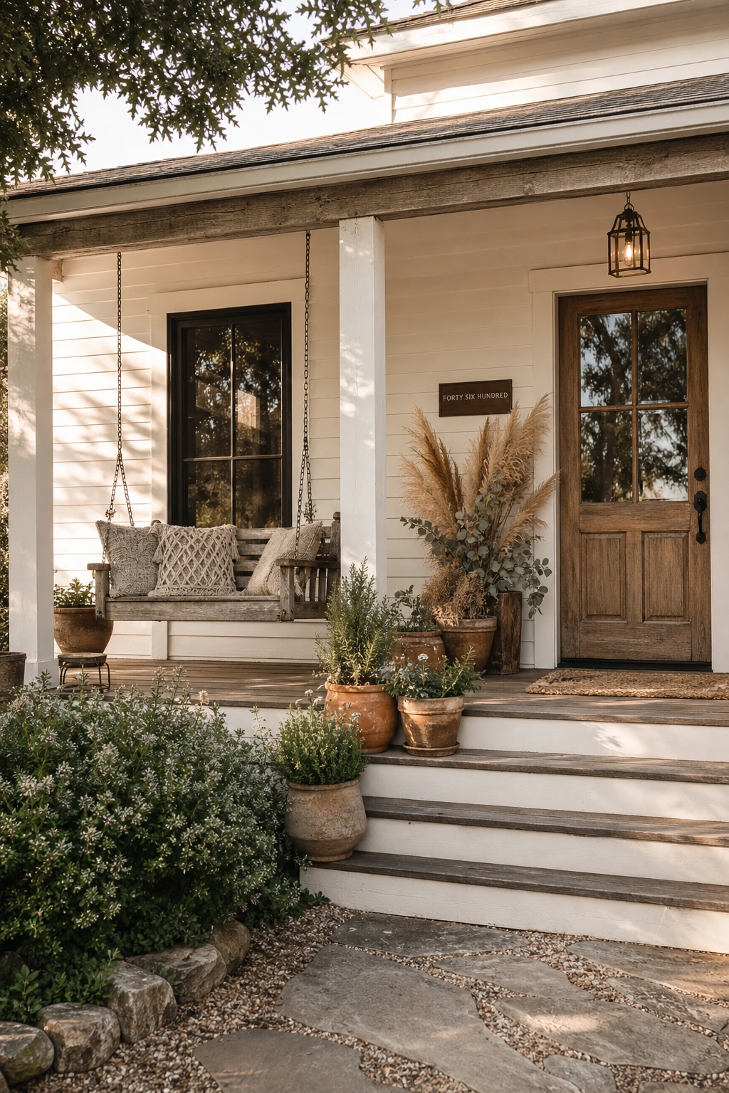 Boho bungalow exterior with farmhouse character, warm white shiplap siding, woven porch accents, dried botanicals, and a relaxed layered aesthetic in natural afternoon light