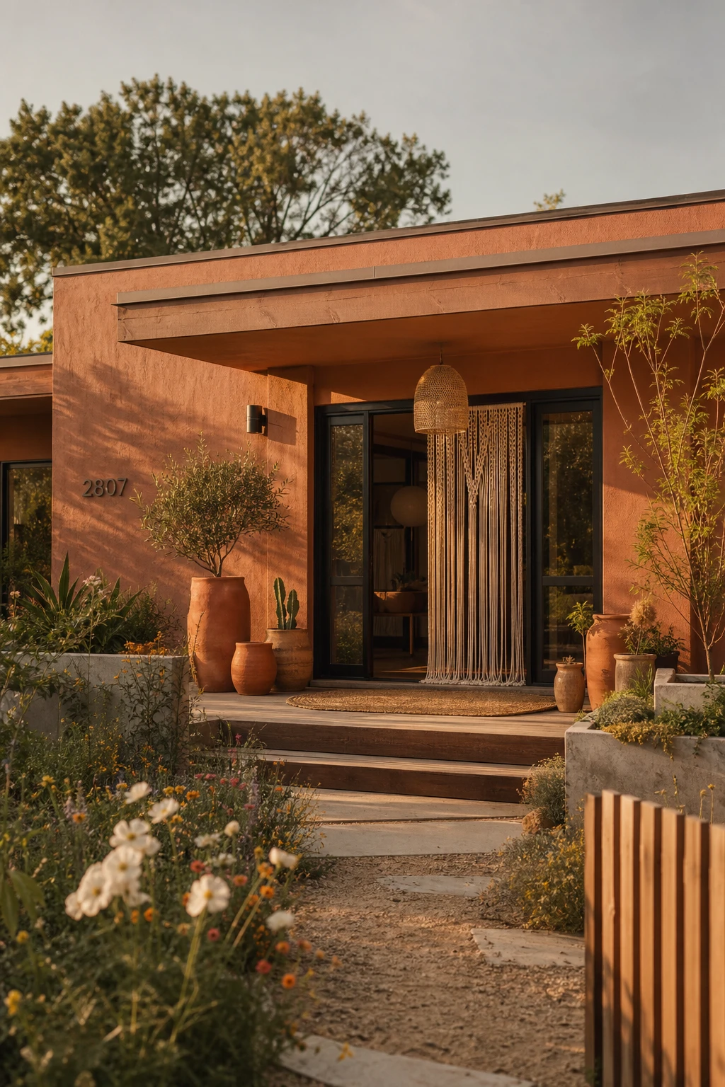 Boho bungalow exterior with modern clean lines mixed with relaxed boho details, Farrow and Ball Faded Terracotta facade, rattan accents, and lush layered planting