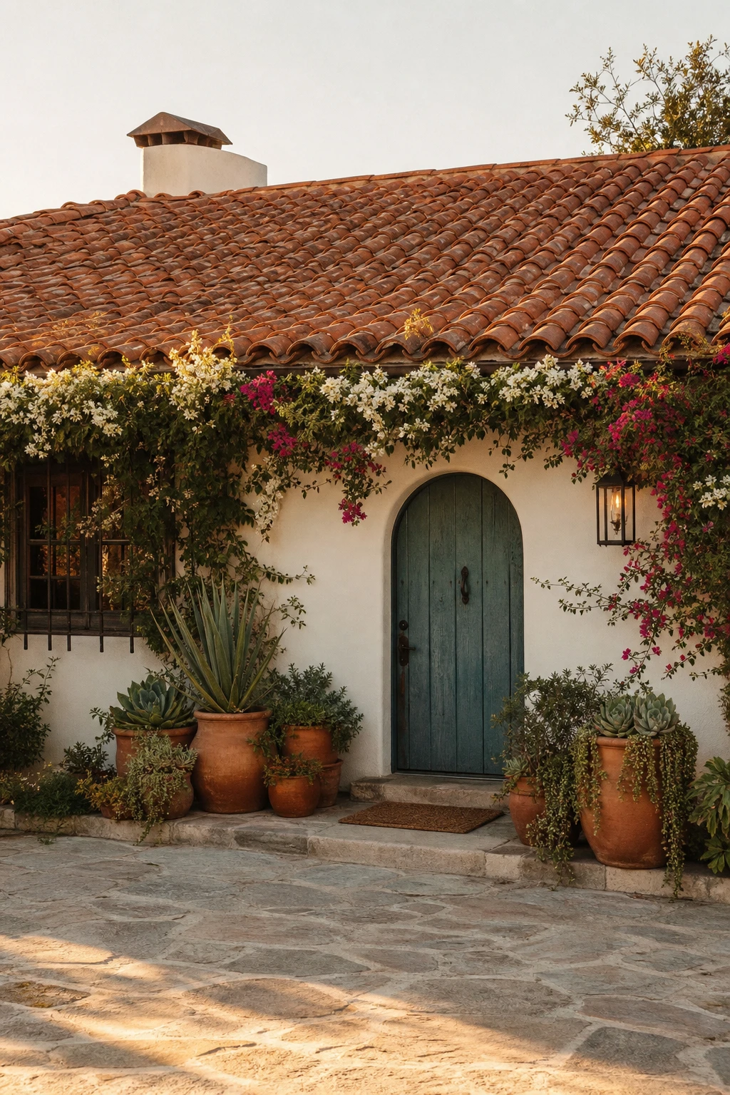Boho bungalow exterior with red clay tile roof as hero, warm white rendered walls in Farrow and Ball Pointing, arched timber door, climbing vines and terracotta pots
