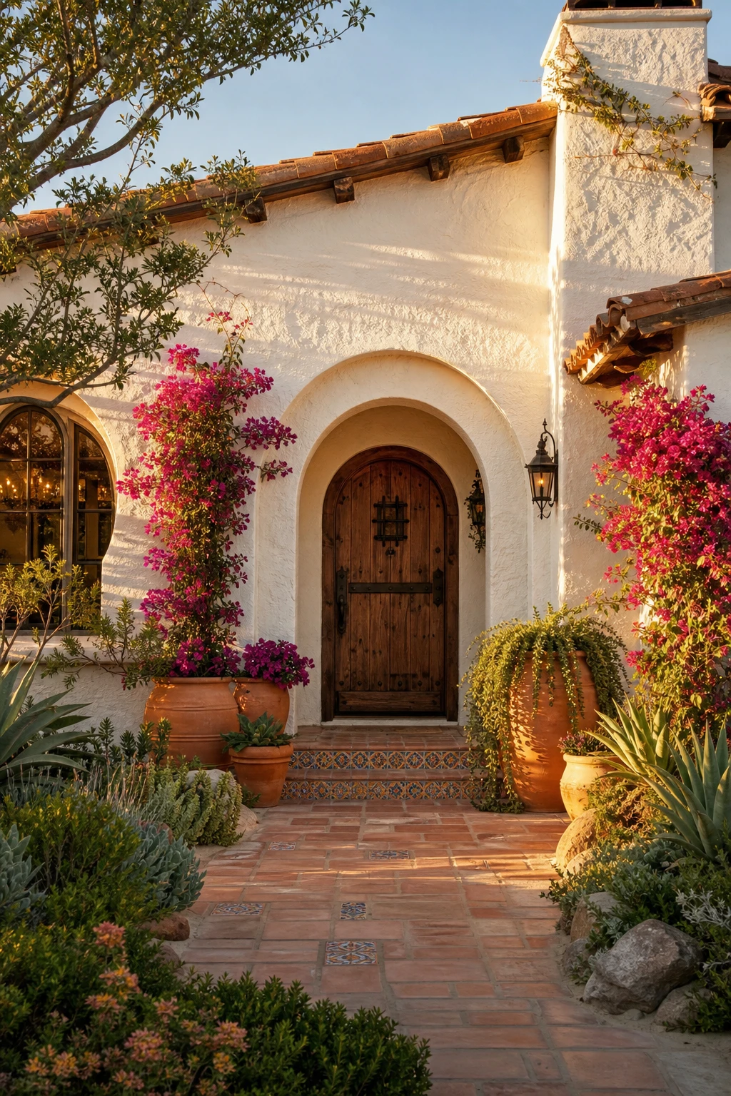 Boho bungalow exterior with Spanish stucco facade, rounded arched doorway, terracotta pots, and warm white Au Lait painted walls in soft afternoon light