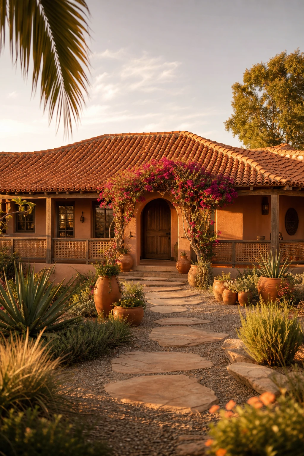 Boho bungalow exterior with terracotta roof as hero, Farrow and Ball Loggia painted stucco walls, rattan porch details, and lush greenery in warm afternoon light
